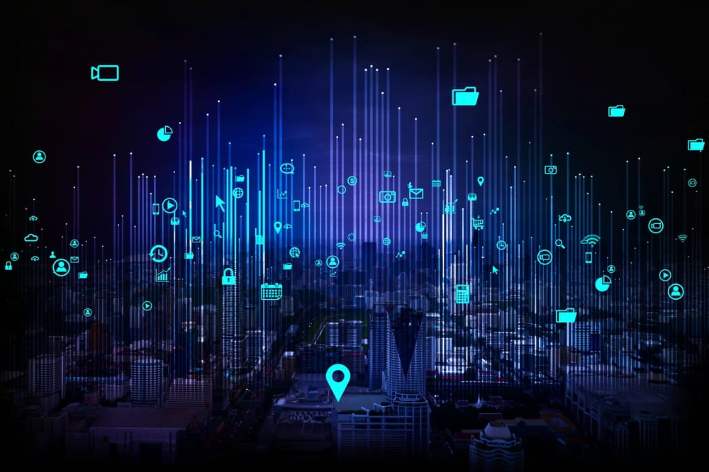 City skyline with digital network connections illustrating enterprise AI implementation and data integration